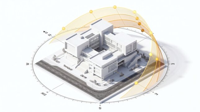 3D architectural sun path study diagram featuring a modern white courtyard building complex set on a circular compass base with surrounding streets.