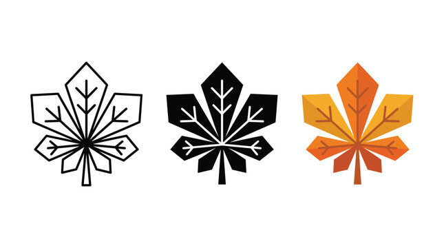 Set of three chestnut leaf icons in outline black and colorful flat styles Vector
