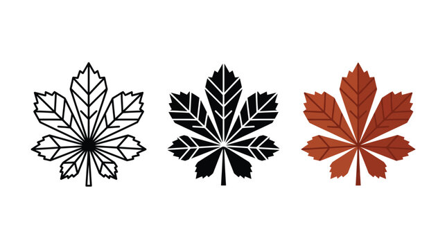 Set of three chestnut leaves in line art solid black and colorful autumn styles Vector