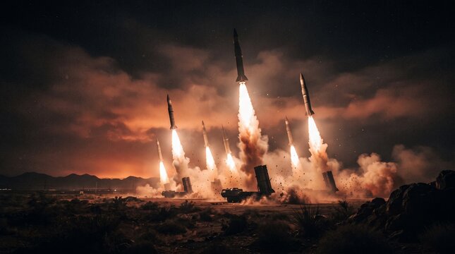 Fiery missiles ascend into night sky, blazing trails of smoke and flame, symbolizing intensity, power, and the dramatic force of technology unleashed in darkness.