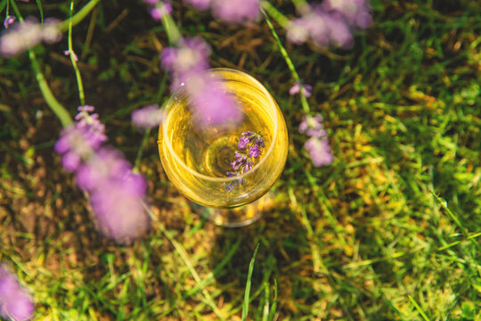 Wine in a lavender field. Selective focus.
