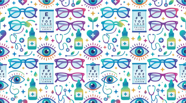 Seamless Pattern of Watercolor Optometry and Eye Care Elements.