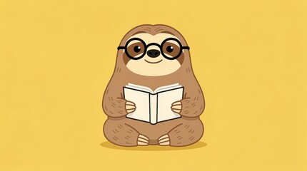 Fototapeta premium A cute sloth wearing glasses sits cross-legged, happily reading a book against a yellow background.