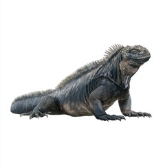 Fototapeta premium Black Marine Iguana Standing Still On White Background With Detailed Spiky Texture And Scales