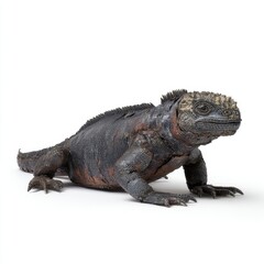 Fototapeta premium Black Marine Iguana With Speckled Texture On Isolated White Background Professional Wildlife Photo