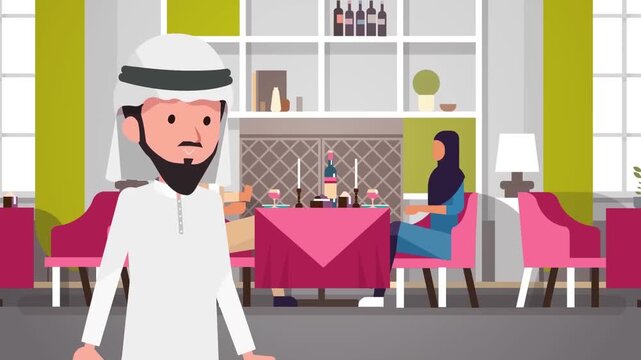 2D Animated Arab Businessman in Traditional Thobe Walking in Luxury Restaurant Interior Flat Vector Character Animation Footage