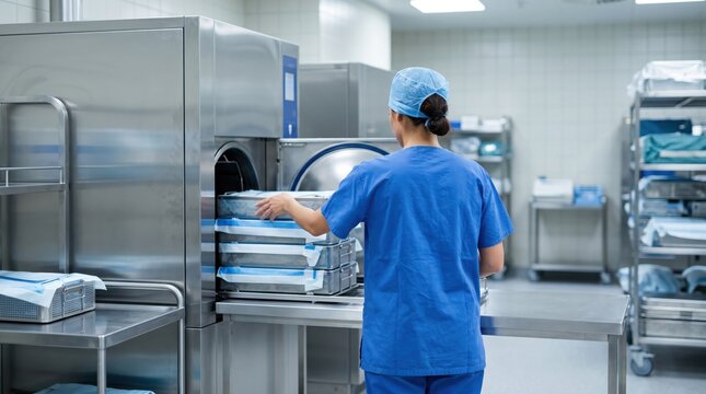 Medical technician in blue scrubs loading surgical instruments into industrial autoclave sterilizer at hospital sterile processing department ensuring infection control and equi...