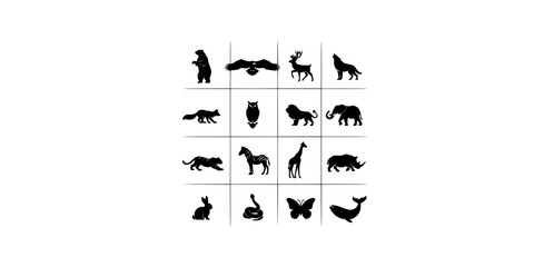 Fototapeta premium Animals in a Grid Pattern of Silhouettes Featuring Wildlife, Nature, Black with White and Vector Elements for Illustration