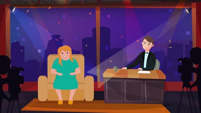 2D Animated Television Talk Show Studio with Host and Guest Sitting for Interview Flat Vector Character Animation Footage