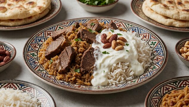 Plate food variety dishes round has blue white patterned design top there bed brown rice chunks meat nuts scat