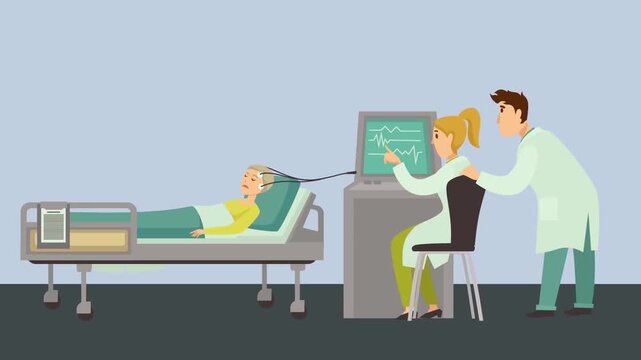 2D Animated Patient Resting on Bed in Hospital Room Monitored by Medical Staff Flat Vector Character Animation Footage