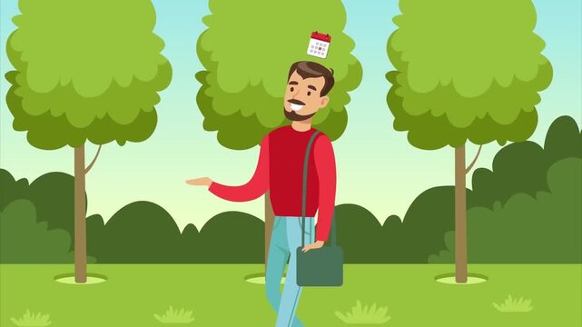 2D Animated Man Walking in Green City Park Raindrop Falling on His Head Flat Vector Character Animation Footage