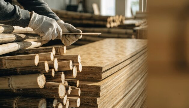 Man wearing gloves holds a rasping tool to smooth the surface of stacked wooden boards in a workshop setting.