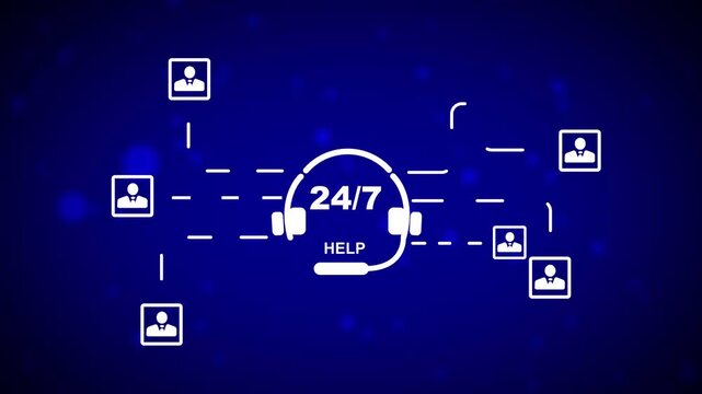 Central headset displaying 24/7HELP text and connecting to multiple user profile in a network diagram on a deep blue background with bokeh light effects symbolizing immediate assistance and