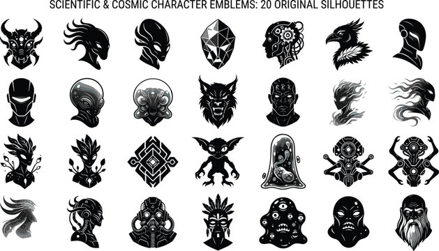 Scientific and cosmic character emblems featuring 20 original vector silhouettes and alien icons