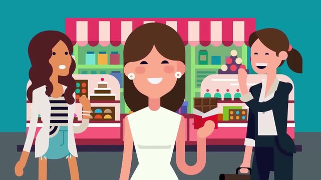 2D Animated Happy Female Friends Eating Ice Cream and Pastries Outside Bakery Shop Flat Vector Character Animation Footage