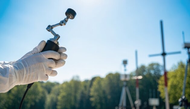 A gloved hand holds a handheld anemometer outdoors, measuring wind speed with weather monitoring equipment and trees in the background under a clear sky.
