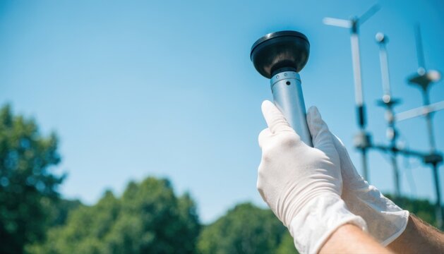 A person wearing white gloves holds a handheld anemometer against a clear blue sky with trees and weather instruments in the background.