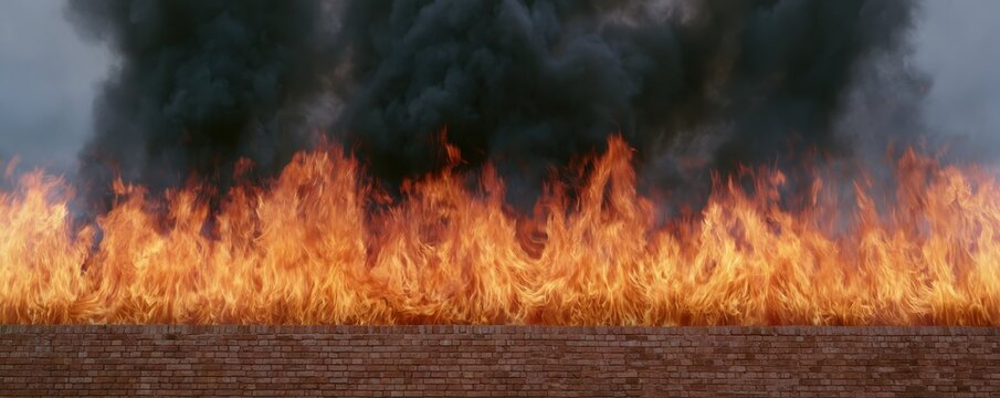 Intense orange flames and thick black smoke rising above  low brick wall