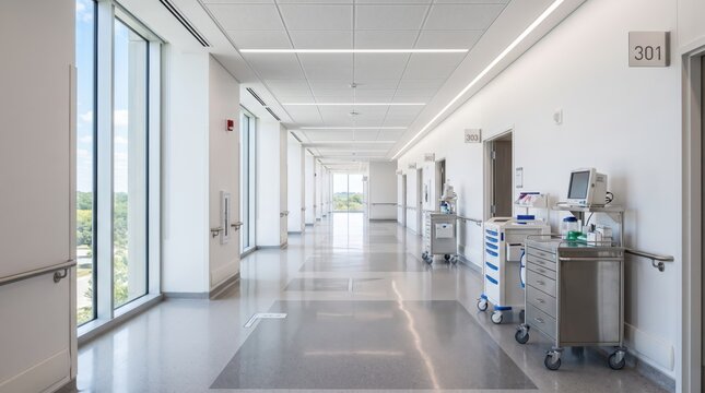 Bright empty hospital corridor with large windows, medical carts and room numbers, clean minimalist design, natural light flooding hallway, representing healthcare infrastructur...