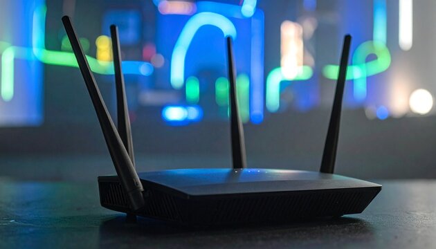 Black wireless router with antennas and glowing lights&hellip;