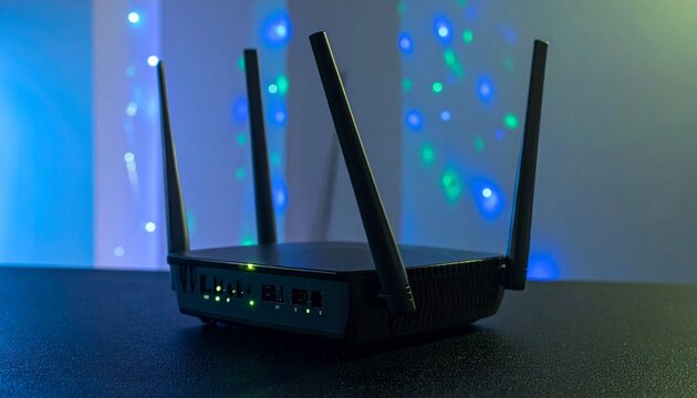 Black wireless router with antennas and glowing lights&hellip;