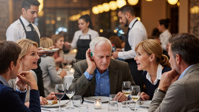 Senior man struggling to hear conversation during dinner party. Older person having difficulty listening in noisy restaurant. Hearing problem.