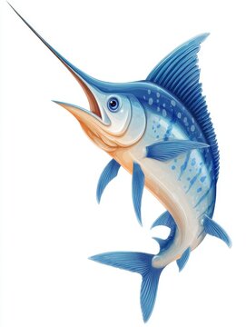 Blue Marlin Fish Swimming In Deep Ocean Isolated On White Background