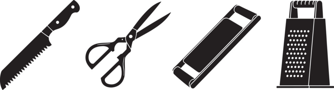Household kitchen tools featuring a serrated knife, cooking shears, mandoline, and box grater and bread and slicer