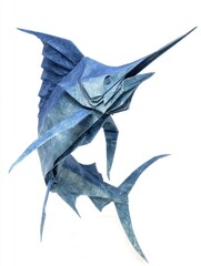 Fototapeta premium Blue Origami Marlin Fish Paper Sculpture Isolated On White Background