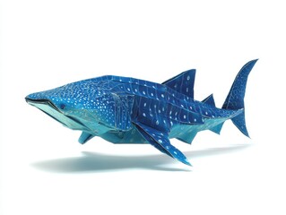 Fototapeta premium Blue Origami Whale Shark Paper Craft Sculpture Isolated On A Crisp White Background