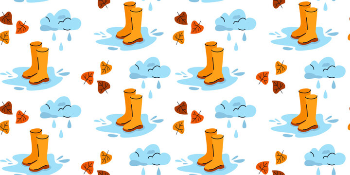 Seamless pattern with rain boots, rainy clouds, puddles and leaves. Autumn background. Cozy fall vector design for fabric, wrapping paper and wallpaper