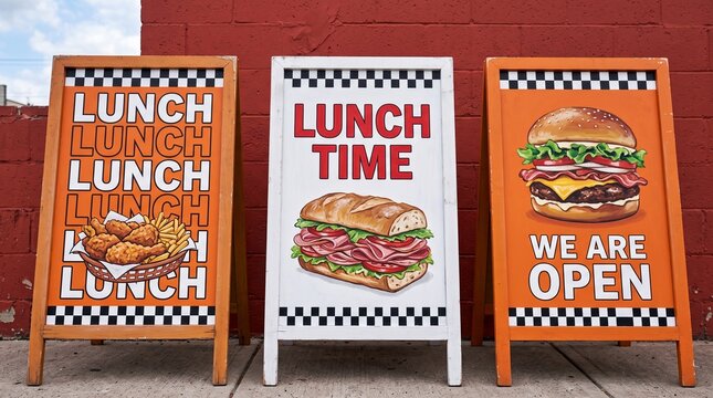 Three lunch menu sandwich boards outside restaurant on red brick wall