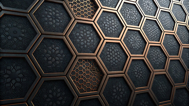 Abstract background featuring golden hexagonal grid structure