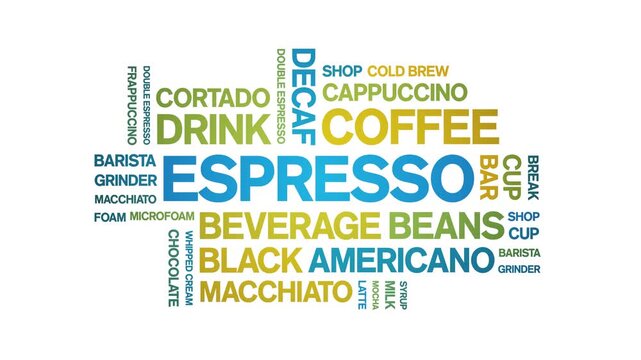 Espresso coffee animated word cloud-animation tag kinetic typography seamless loop.