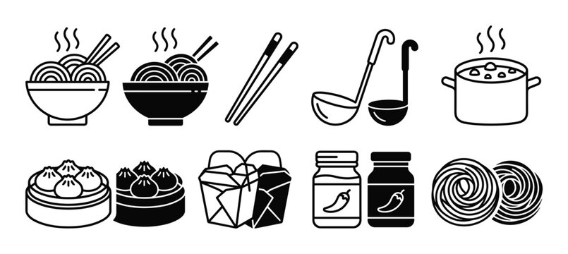 Asian food icons set featuring ramen bowls, dumplings, and takeout boxes