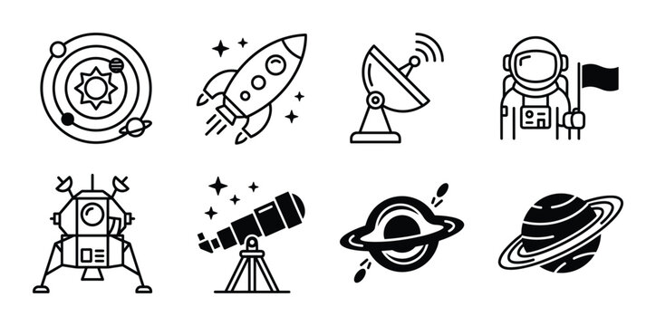 Space exploration and astronomy vector line icons set on white background