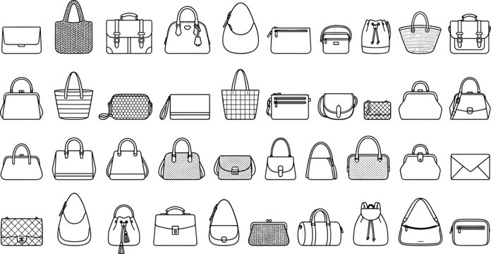 Women fashion bags line icons set featuring luxury handbags totes clutches backpacks and briefcases vector illustrations on white background