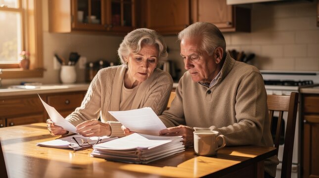 An elderly couple reviews documents and paperwork together at a wooden kitchen table, concentrating on their finances or bills in a cozy home setting.