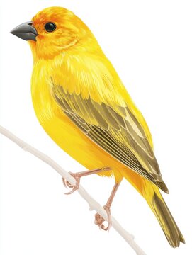 Bright Yellow Saffron Finch Perched On A Thin Twig Against A Pure White Background