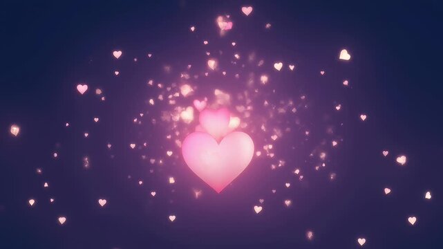 Glowing pink heart shapes floating in a dark purple atmosphere, forming a swirling vortex pattern with soft light bokeh