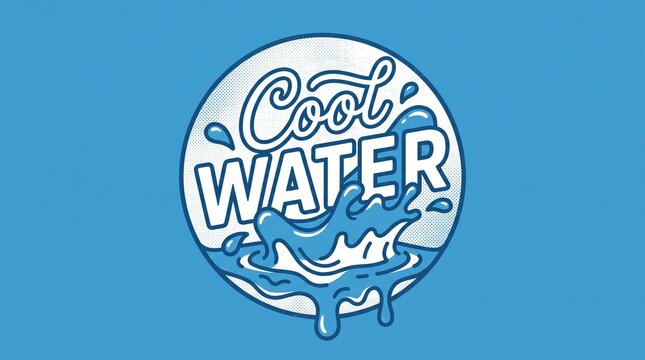 Vibrant minimalist blue circular badge showcasing refreshing cool water beverage concept with splash design with playful water splash graphics against bright blue background