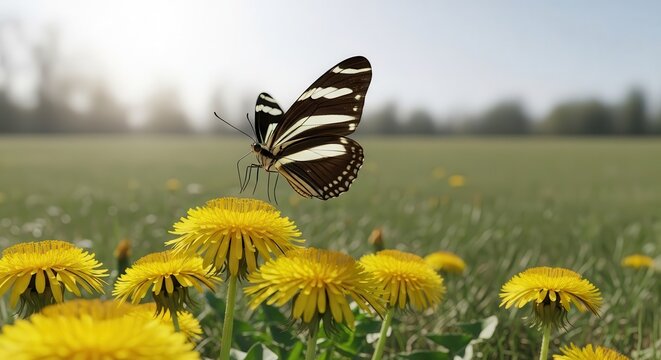 Zebra butterfly landing on a yellow dandelion flower in a field