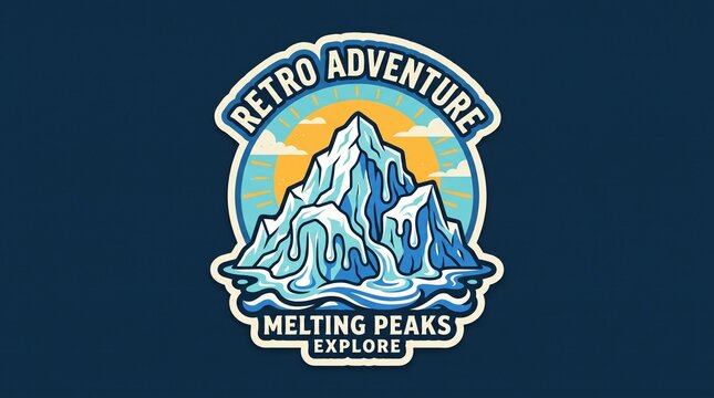 Vintage inspired adventure sticker featuring melting snowy mountain peaks with retro text with framed sunburst bold text encouraging exploration icy landscapes