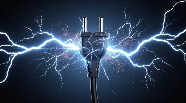 A black electrical plug with blue lightning bolts and sparks illustrating powerful electric current flow.