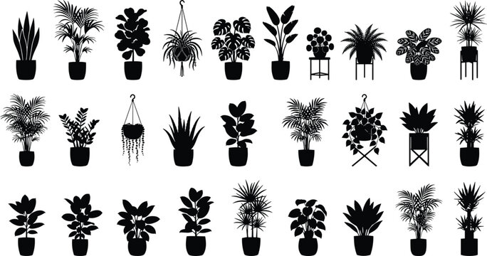Potted houseplant silhouette vector set featuring black isolated indoor plant icons like monstera palm and fiddle leaf fig elements.