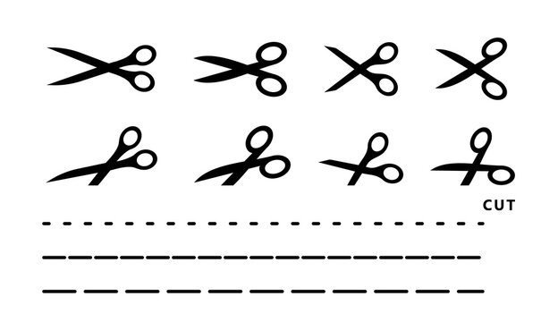 scissors cutting icon set with cut lines flat vector collection