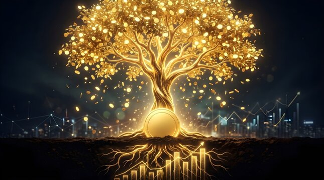 Golden money tree with glowing coins and roots, financial growth and investment concept, wealth creation and prosperity background