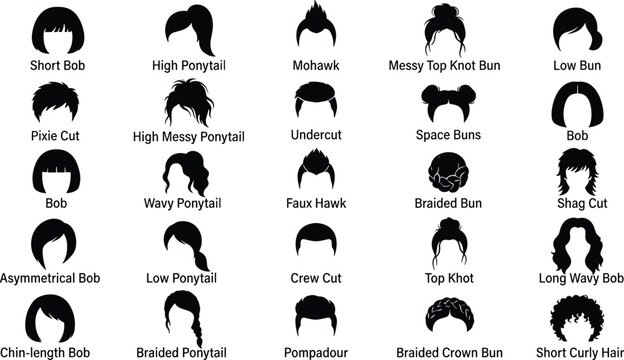Women hairstyles silhouette collection infographic vector featuring short bob pixie cut high ponytail mohawk and messy top knot bun
