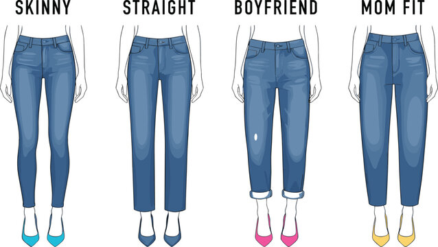 Women jeans fit types guide diagram vector illustration featuring skinny straight boyfriend and mom fit denim pants styles chart